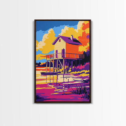 Sunset Cabin, Lake House, Scenic Art, Framed Canvas Print, Colorful Wall Art, Rustic Decor, Nature Painting, Living Room Wall Art