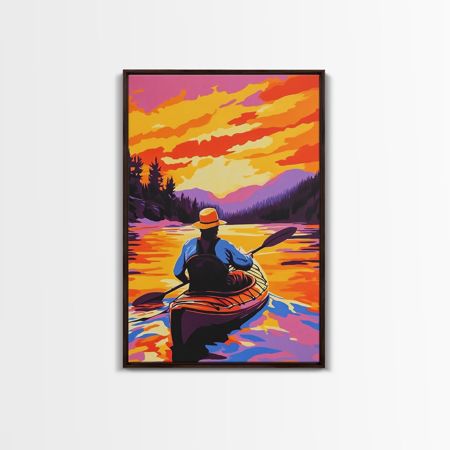 Kayaker Journey, Scenic River Painting, Vibrant Water Art, Framed Canvas Print, Adventure Wall Decor, Nature Lover Art, Sports Wall Art