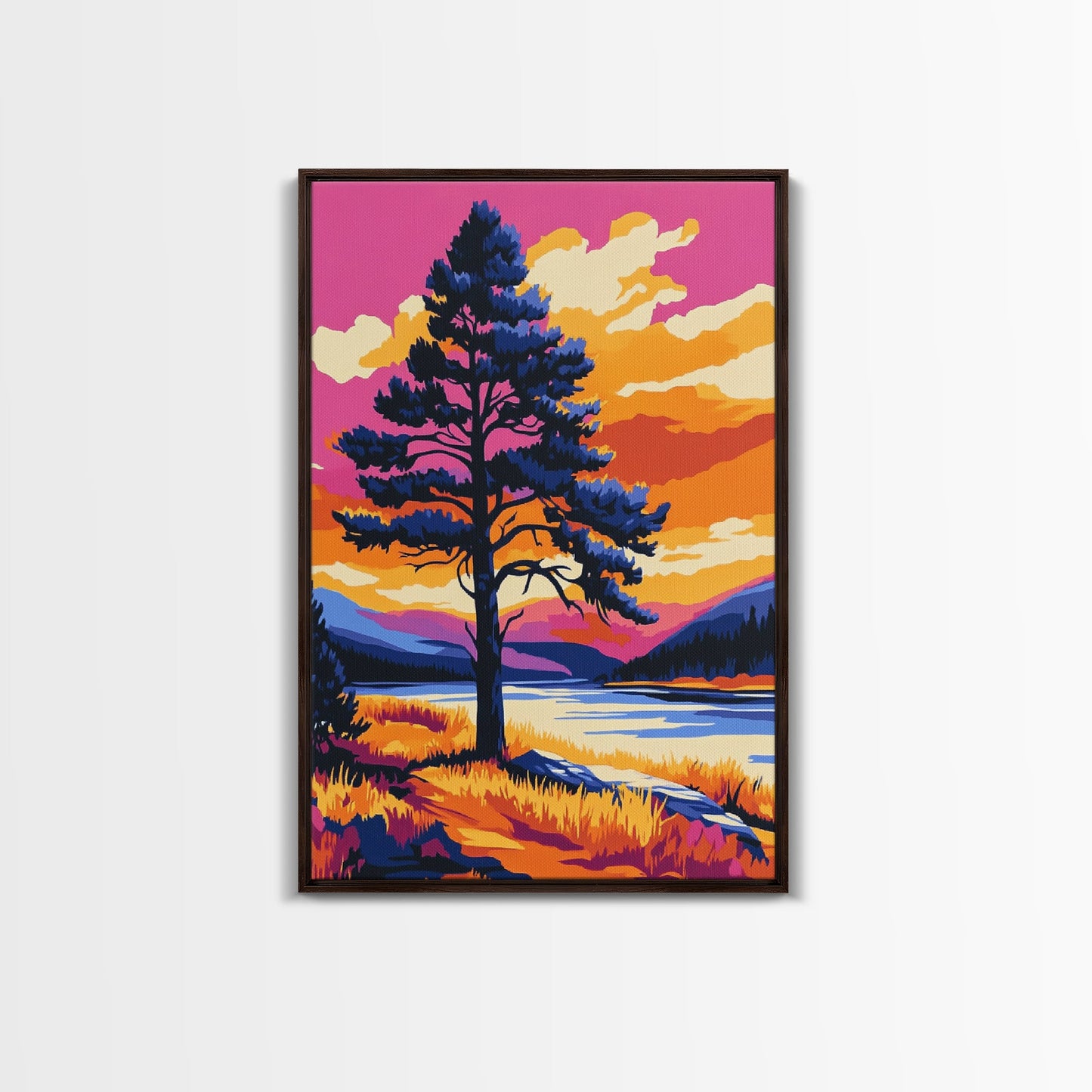 Lone Tree, Mountain Landscape, Vibrant Nature Art, Sunset Painting, Framed Canvas Print, Wilderness Decor, Autumn Wall Art, Office Decor