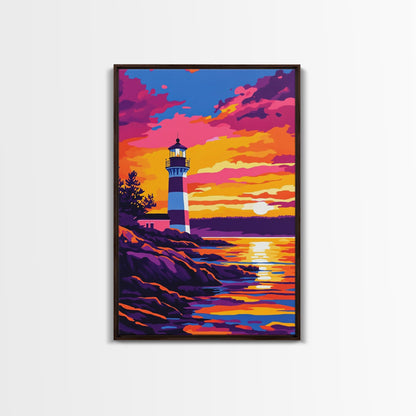 Leuchtturm, Sonnenuntergang, Küste, Meereslandschaft, gerahmter Leinwanddruck, nautische Dekoration, Wandbild fürs Strandhaus, lebendiges Ozeangemälde, Wohnzimmerkunst