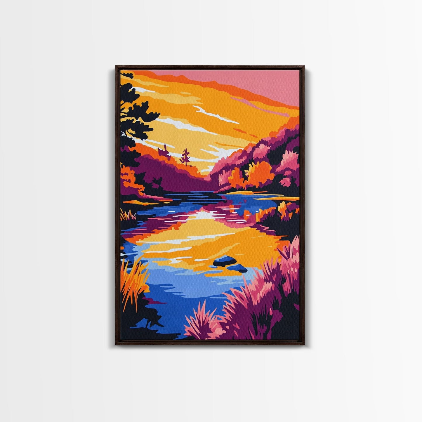 Tranquil Stream, Sunset Reflection, Framed Canvas Print, Cozy Wall Art, Nature Retreat Decor, Living Room Artwork, Serene Landscape