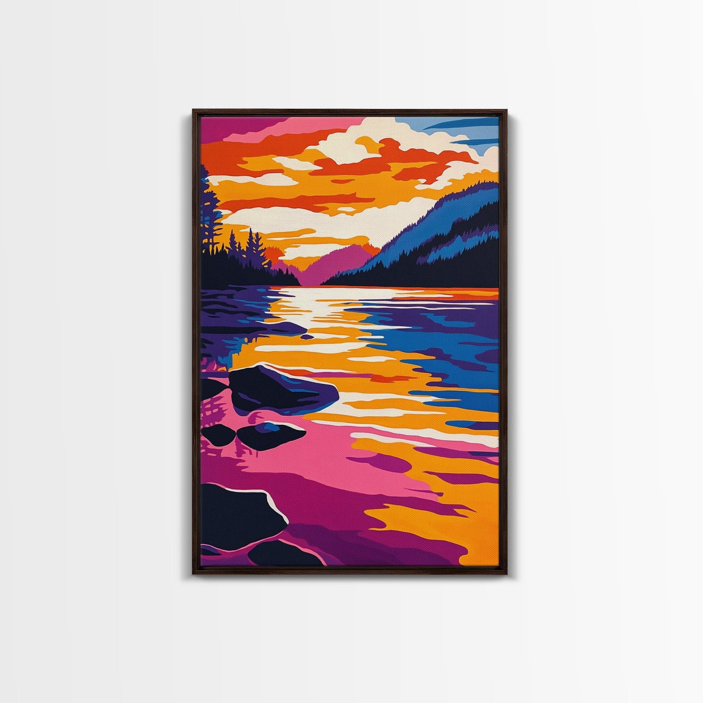 Lake, Reflective Sunset, Tranquil Nature, Canvas Print, Serene Landscape, Home Wall Art, Mountain View Decor, Living Room Artwork
