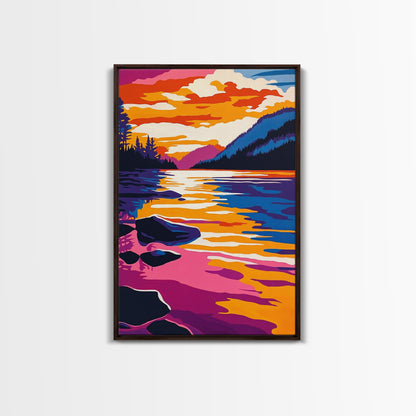 Lake, Reflective Sunset, Tranquil Nature, Canvas Print, Serene Landscape, Home Wall Art, Mountain View Decor, Living Room Artwork