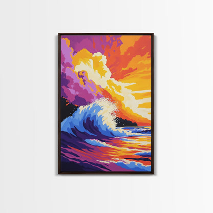 Powerful Ocean Wave, Surfing Wall Art, Vibrant Sunset Seascape, Coastal Home Decor, Framed Canvas Print, Beach House Living Room Art