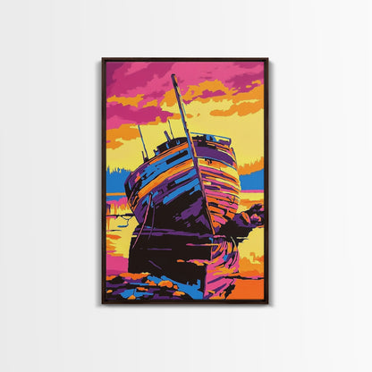 Shipwreck, Abandoned, Sunset, Canvas Print, Nautical Wall Art, Coastal Home Decor, Weathered Beauty, Beach House, Maritime Aesthetic