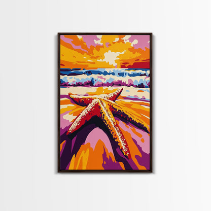 Starfish Beach, Ocean Sunset, Coastal Decor, Framed Canvas Print, Nautical Wall Art, Beach House Decor, Vibrant Painting, Summer Vibes
