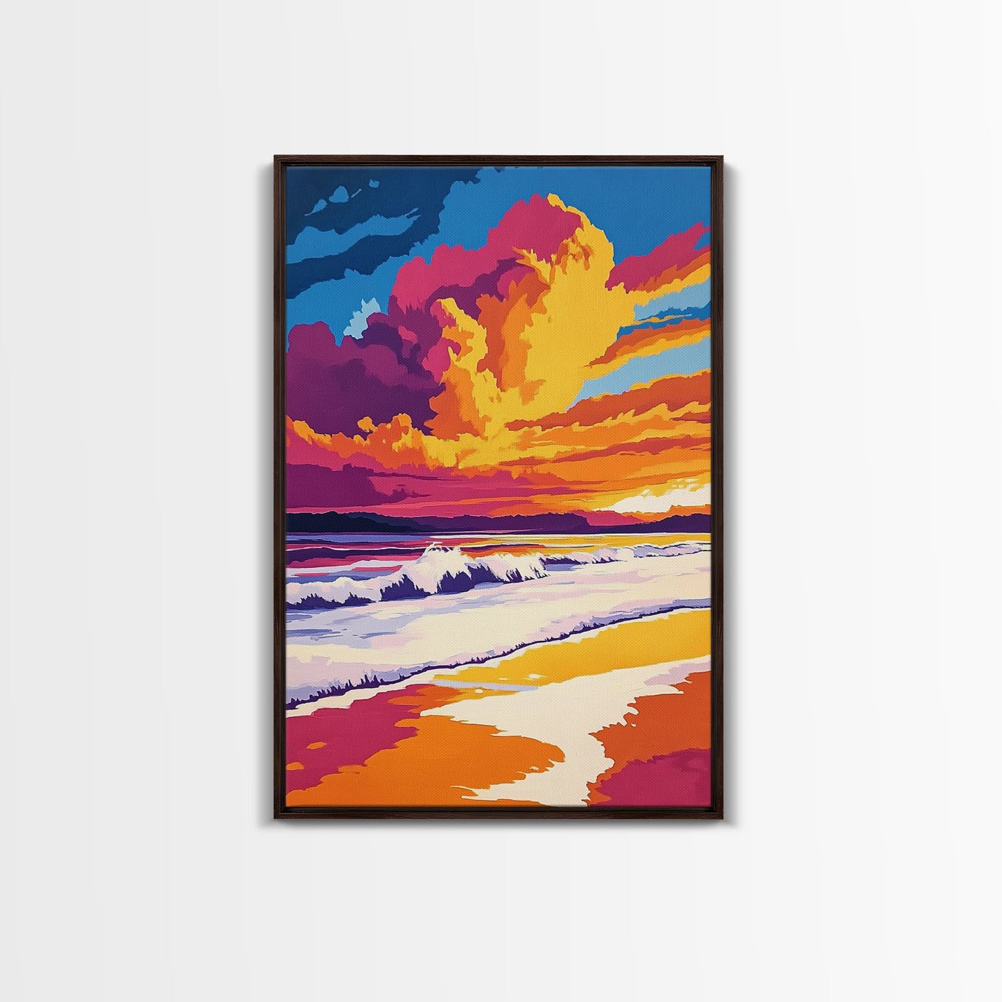 Beach Sunset, Vibrant Waves, Ocean Wall Art, Coastal Decor, Framed Canvas Print, Tropical Art, Living Room Art, Summer Aesthetic