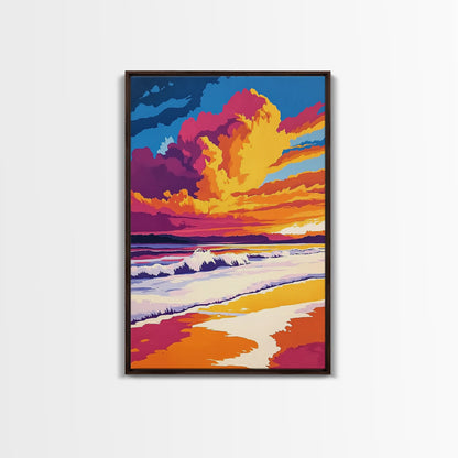 Beach Sunset, Vibrant Waves, Ocean Wall Art, Coastal Decor, Framed Canvas Print, Tropical Art, Living Room Art, Summer Aesthetic