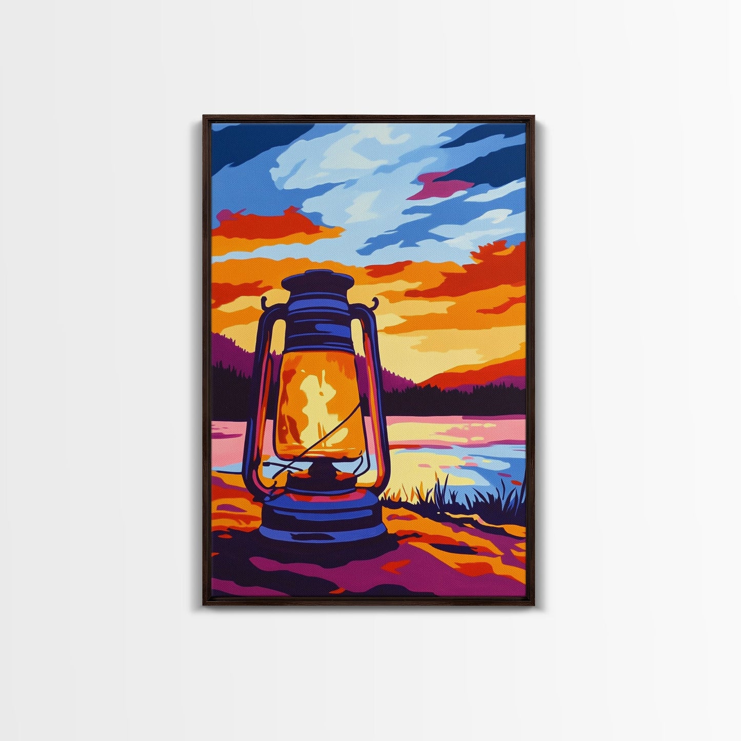 Lantern Glow, Rustic Camping Art, Warm Night Scene, Sunset Painting, Framed Canvas Print, Cabin Wall Art, Nature Decor, Outdoor Aesthetic