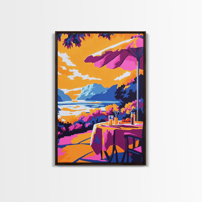 Outdoor Dining, Scenic View, Summer Patio Art, Relaxing Wall Decor, Cafe Scene, Vacation Aesthetic, Framed Canvas Print, Gift Idea