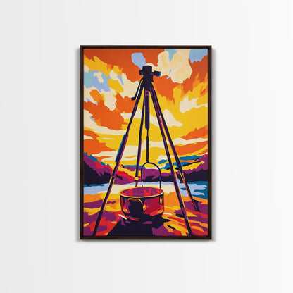 Camping Scene, Outdoor Cooking, Rustic Wall Art, Adventure Home Decor, Wilderness Aesthetic, Nature Inspired, Framed Canvas Print