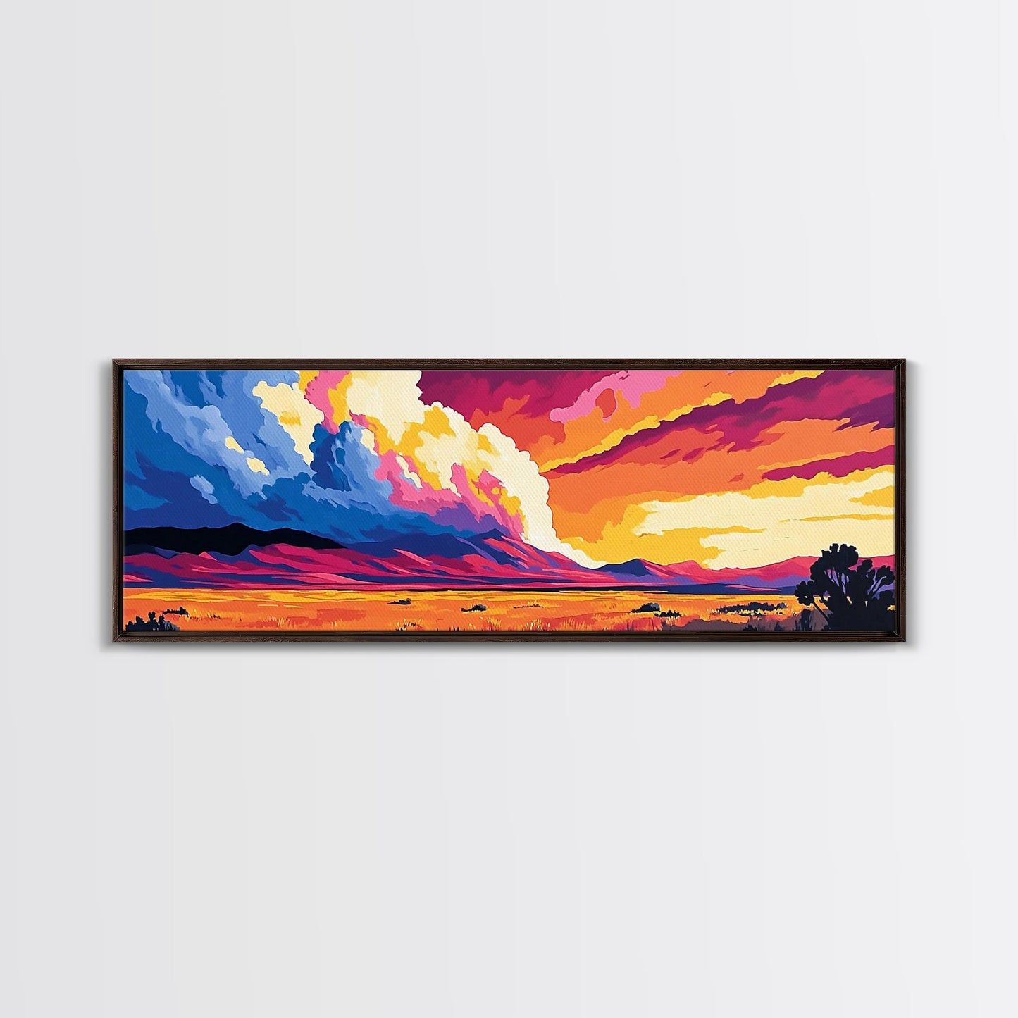 Mountain Clouds, colorful sunset, nature scenery, abstract sky painting, vibrant home decor, Office Wall Art, Framed Canvas Print