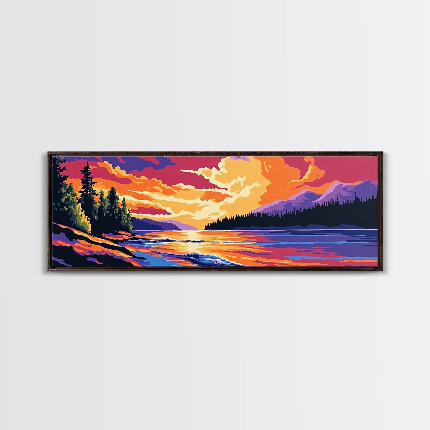 River Sunset, pine forest, mountain landscape, nature decor, cabin retreat, Fall Wall Art, Canvas Print, Framed Canvas Print