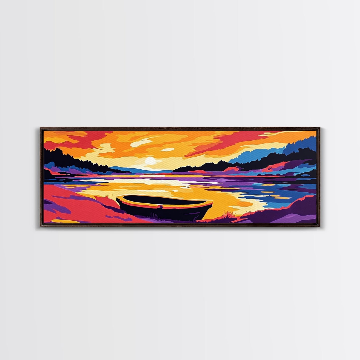 Sunset Boat, Serene Lake, Framed Canvas Print, Tranquil Water Art, Calm Landscape, Warm Color Palette, Boho Home Decor, Bedroom Wall Art
