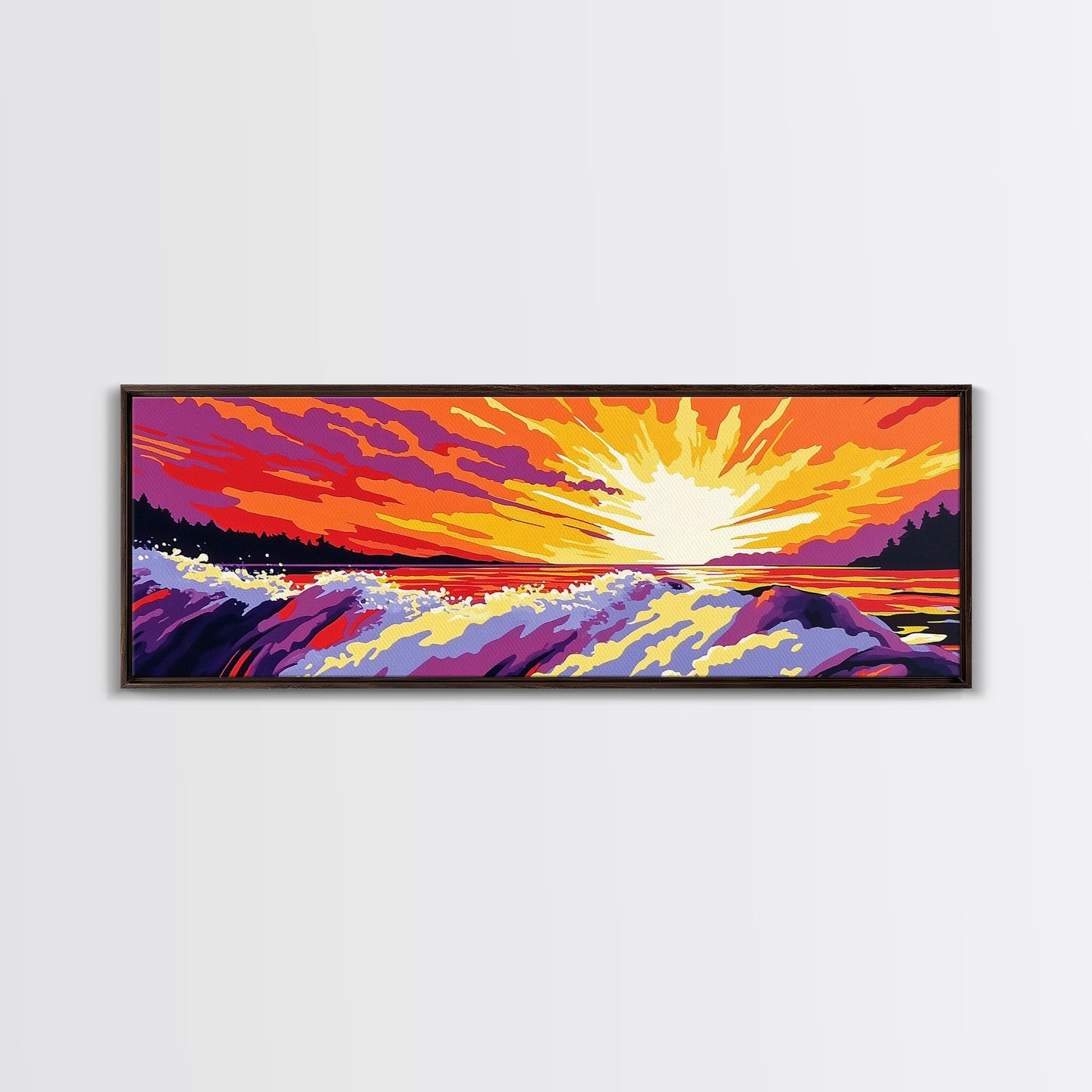 Ocean Waves, Fiery Sunset, Framed Canvas Print, Bold Seascape Art, Nature Scene, Coastal Home Decor, Modern Wall Art, Office Decor