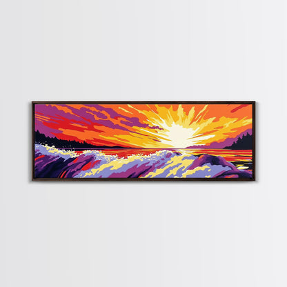 Ocean Waves, Fiery Sunset, Framed Canvas Print, Bold Seascape Art, Nature Scene, Coastal Home Decor, Modern Wall Art, Office Decor