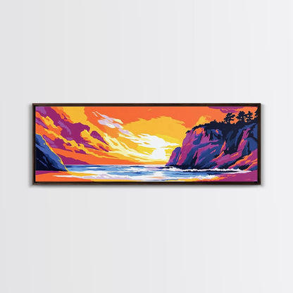 Cliffside Beach, Ocean Waves, Sunset Paradise, Framed Canvas Print, Coastal Landscape Art, Relaxing Home Decor, Vibrant Summer Vibes