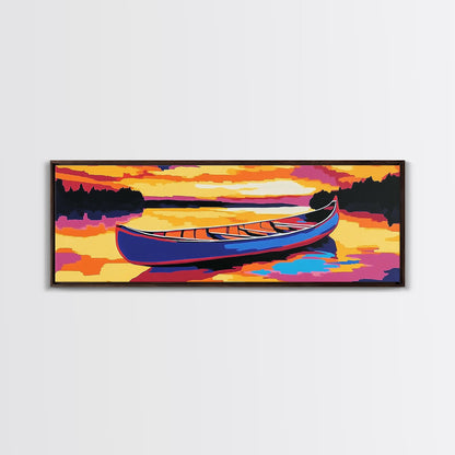 Canoe, Sunset, Water, Framed Canvas Print, Vibrant Lake Art, Nature Wall Art, Rustic Decor, Adventure Art, Cabin Wall Art, Autumn Artwork