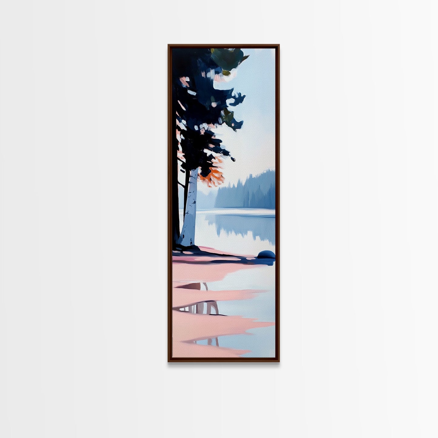 Misty Forest View, Tranquil Lake Painting, Atmospheric Nature Art, Minimalist Tree Reflection, Cozy Cabin Decor, Framed Canvas Print