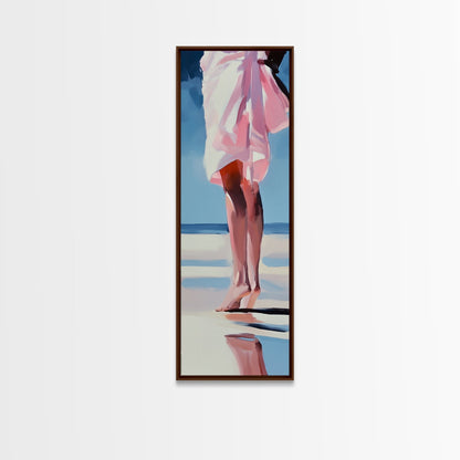 Barefoot Beach Walk, Pink Dress, Coastal Elegance, Framed Canvas Print, Summer Art, Bedroom or Entryway Decor, Relaxing Aesthetic