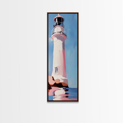 Lighthouse, Pink Sky, Nautical, Coastal Wall Art, Beach Home Decor, Ocean Painting, Modern Seascape, Framed Canvas Print