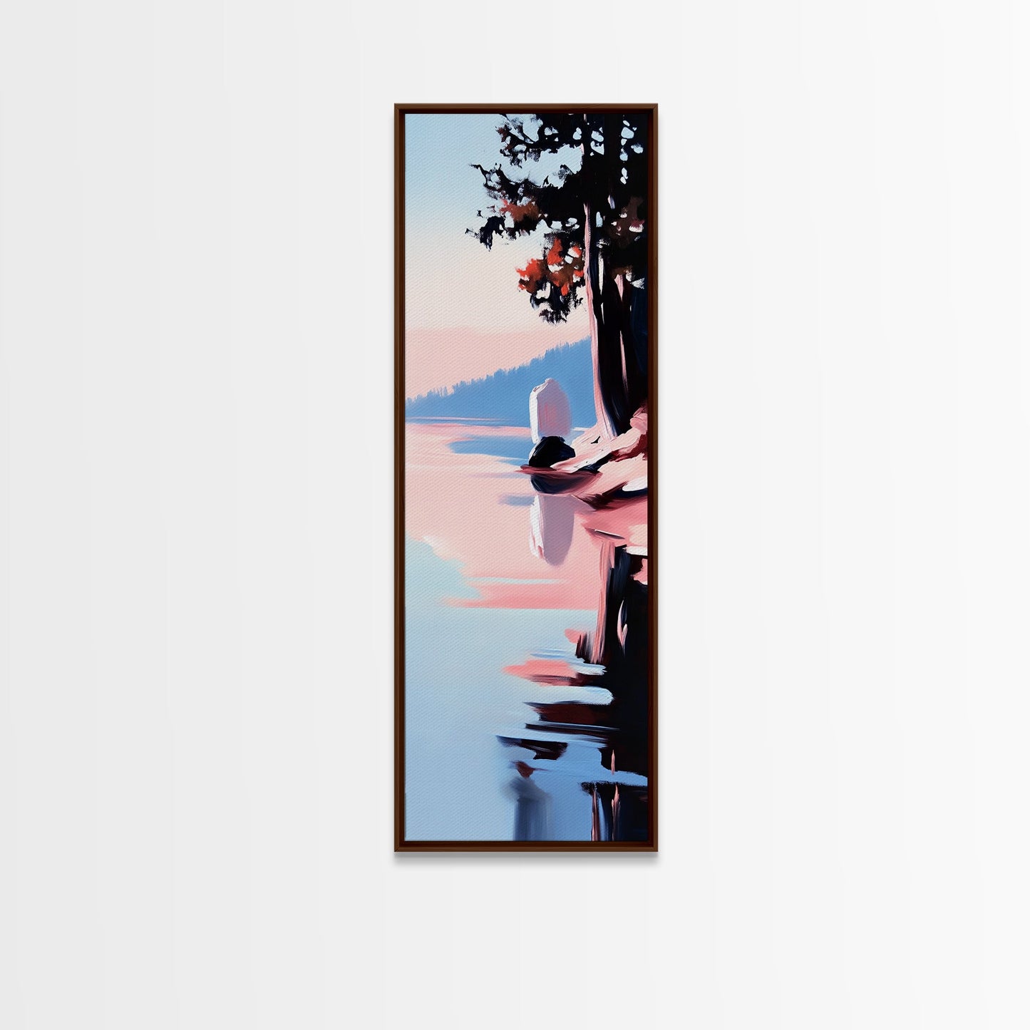 Seeufer-Ruhe, Stimmungsvolle Natur, Gerahmter Leinwanddruck, Moderne Wandkunst, Blau-Rosa-Gemälde, Wohnzimmer-Wandkunst