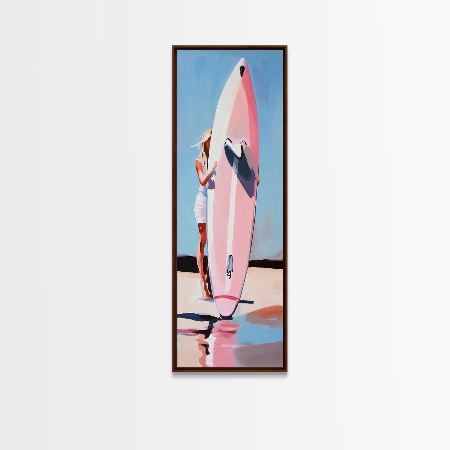 Surfbrett-Mädchen, Sommerstrand, Küstenästhetik, Leinwanddruck, Boho-Wandkunst, Minimalistisches Gemälde, Wohnzimmerdeko, Geschenk, Pastell