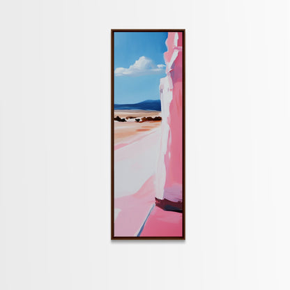 Pink Cliff, Ocean View, Tranquil Beach, Framed Canvas Print, Coastal Wall Art, Minimalist Painting, Living Room Decor, Gift, Blue