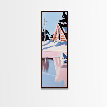 Winterhütte, verschneite Spiegelungen, gerahmter Leinwanddruck, gemütliches rustikales Wandbild, nordische Ästhetik, minimalistische Landschaft, Schlafzimmerdekoration