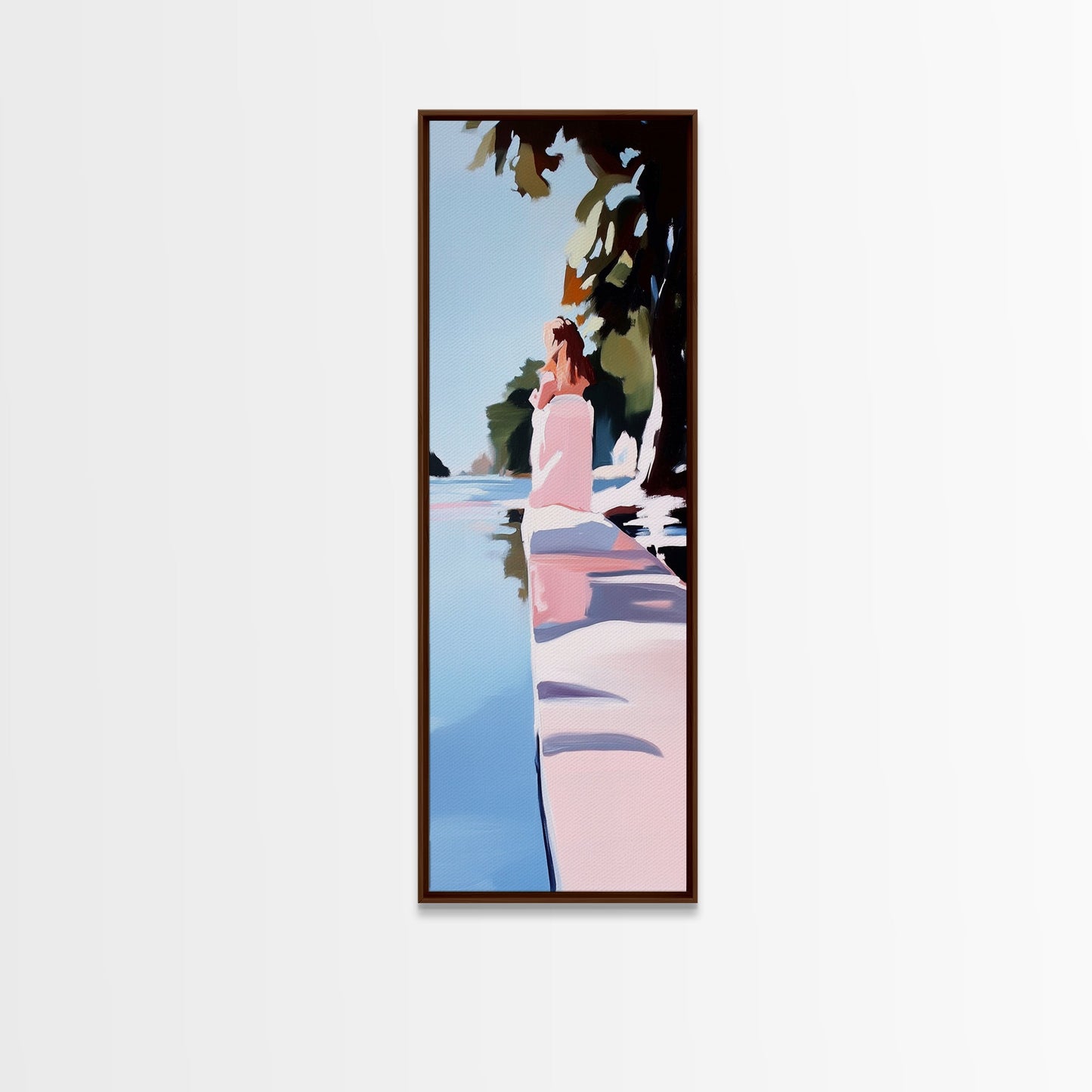 Woman by Water, Tranquil Scene, Framed Canvas Print, Serene Nature Art, Soft Pastel Aesthetic, Modern Minimalist, Dreamy Wall Decor