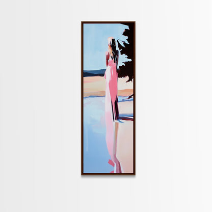 Ruhige Frau, Naturspiegelung, Zarte Pastellfarben, Friedliche Landschaft, Gerahmter Leinwanddruck, Minimalistische Kunst, Friedliche Wohndekoration