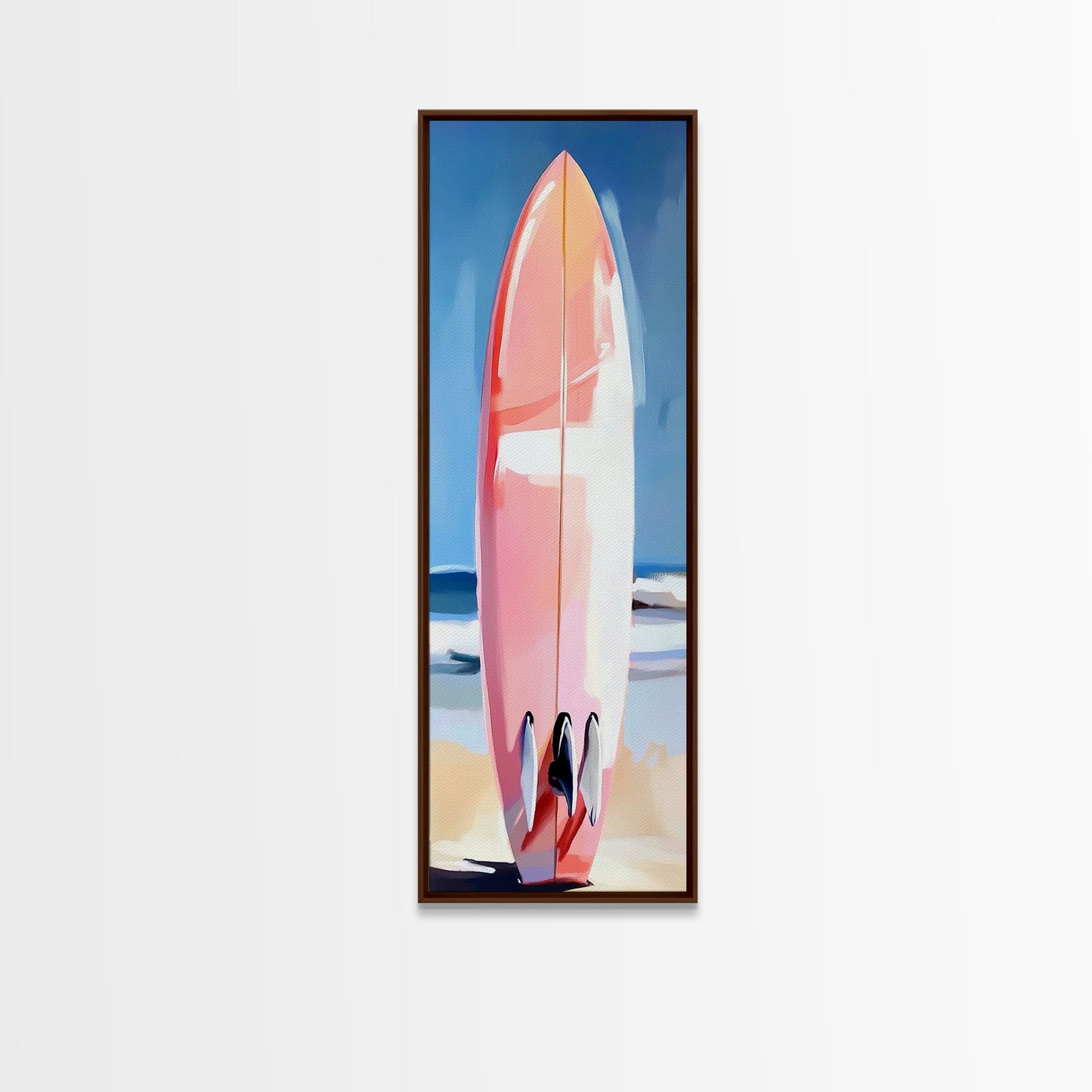 Pinkes Surfbrett, Strandhaus-Kunst, Küstenästhetik, Surfer-Lifestyle, Sommerfeeling, Gerahmter Leinwanddruck mit Ozeanmotiv, Moderne Wanddekoration