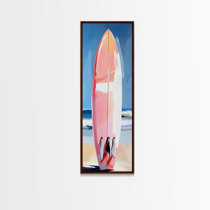 Pinkes Surfbrett, Strandhaus-Kunst, Küstenästhetik, Surfer-Lifestyle, Sommerfeeling, Gerahmter Leinwanddruck mit Ozeanmotiv, Moderne Wanddekoration