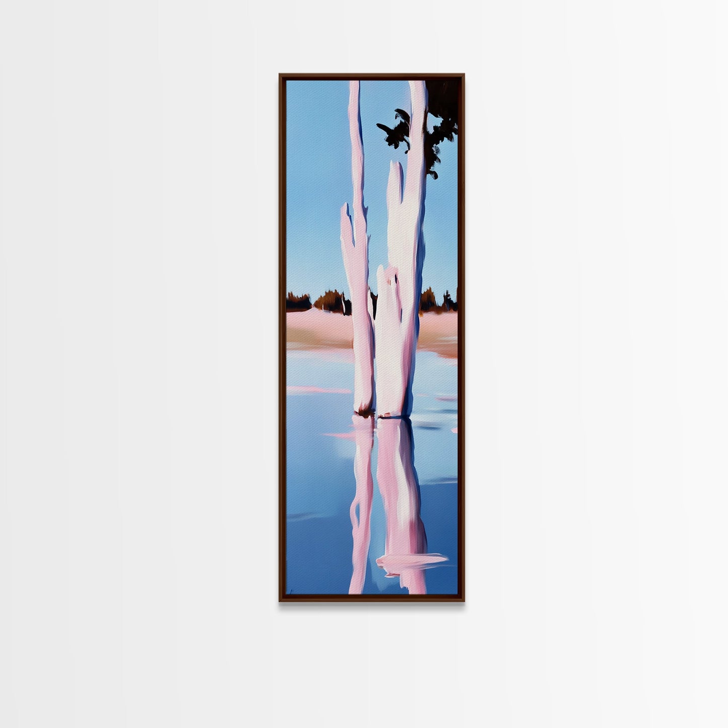 Pink Trees, Lake Reflection, Minimalist Nature, Calm Water Scene, Soft Pastel Wall Art, Tranquil Framed Canvas Print, Zen Home Decor