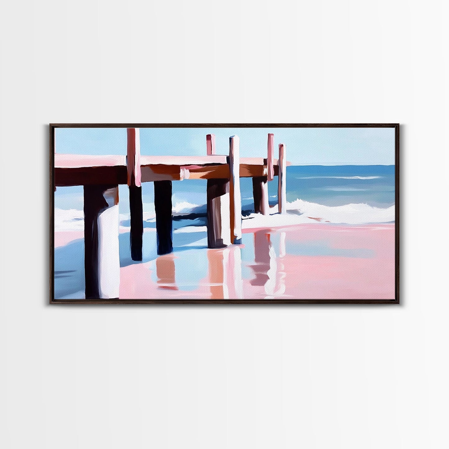 Strandpier-Gemälde, Küstenlandschaft, maritime Kunst, minimalistische moderne Ästhetik, entspannende sommerliche Wanddekoration, Leinwanddruck