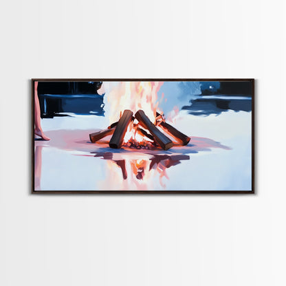 Gemütliches Lagerfeuer, Feuerspiegelung, Lagerfeuerglühen, Herbstnacht, gerahmter Leinwanddruck, Wandbild für die Hütte, rustikale Dekoration, warme Atmosphäre, Herbstkunst