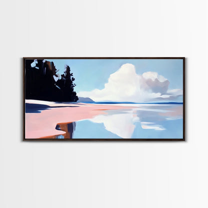 Bewölkte Meereslandschaft mit Spiegelung, ruhiger Küstendruck, minimalistische Meeresdekoration, sanfte Pastelllandschaft, Zen-Kunst für Zuhause, gerahmter Leinwanddruck fürs Schlafzimmer