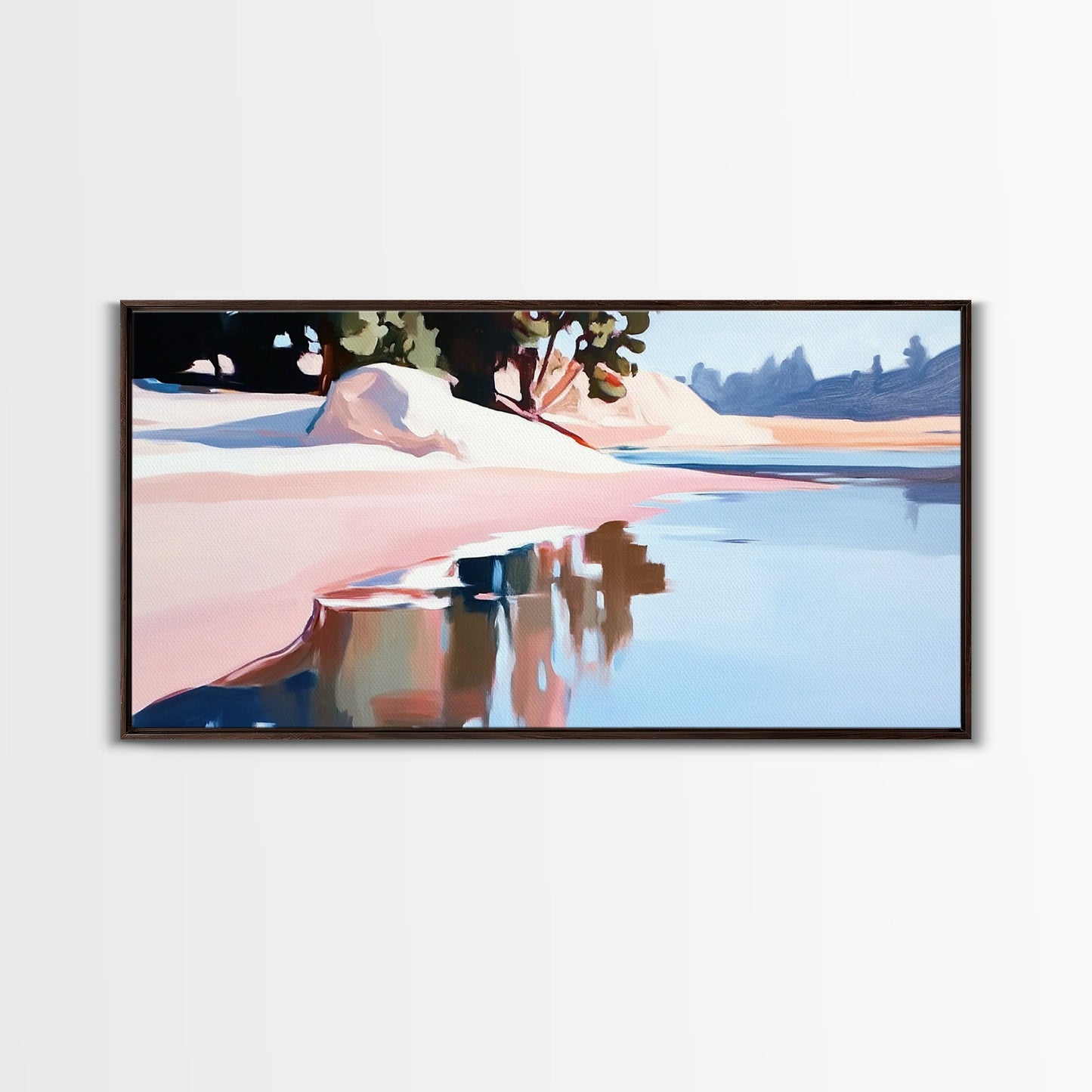 Küstenbaum, Dachüberstand, Leinwanddruck, vom Meer inspirierte Dekoration, moderne Strandwandkunst, pastellfarbene Meereslandschaft, ruhige Szenerie, tropisches Flair