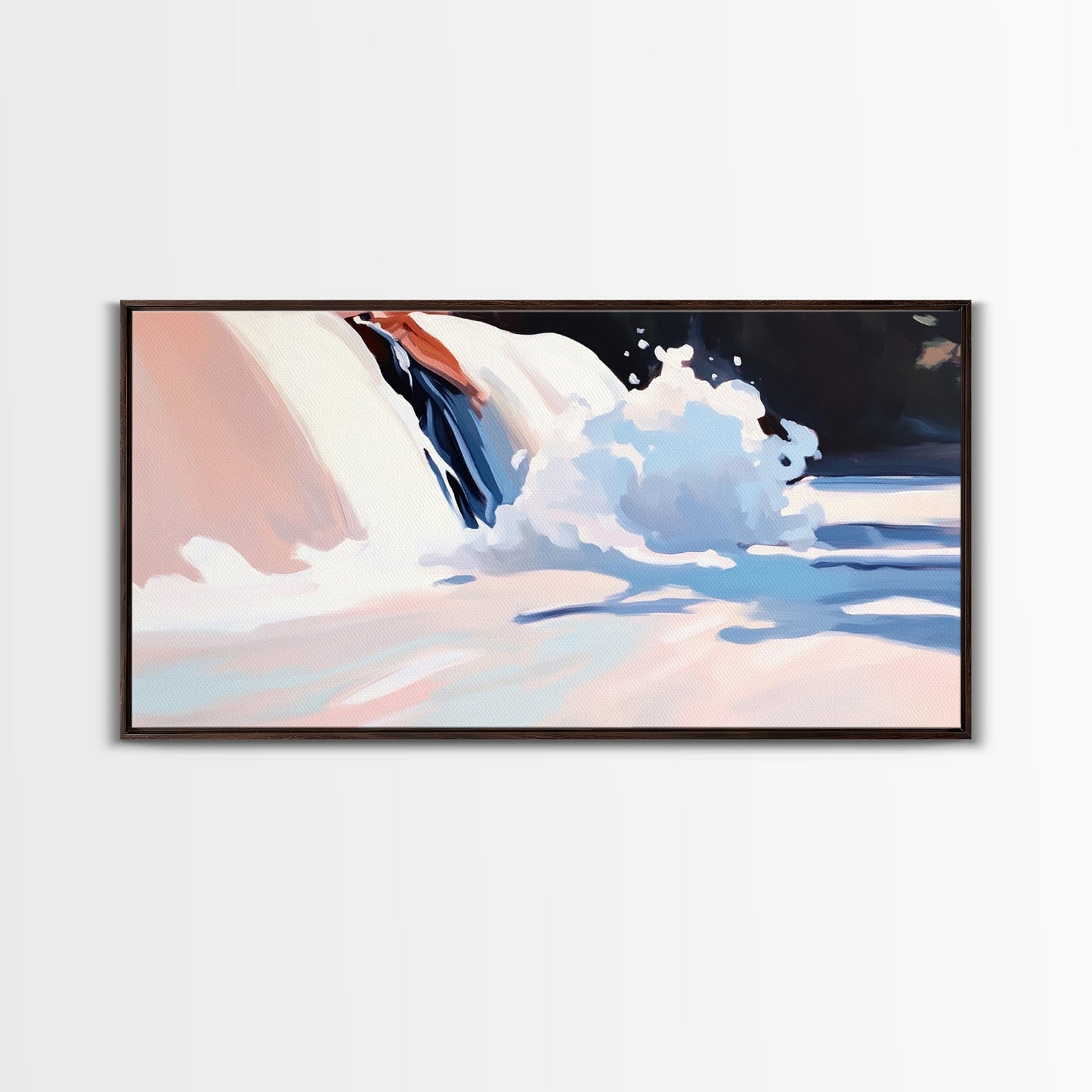 Snow Peak, Clouds, Framed Canvas Print, Alpine mountain scene, winter painting, Scandinavian decor, minimalist landscape, abstract nature art