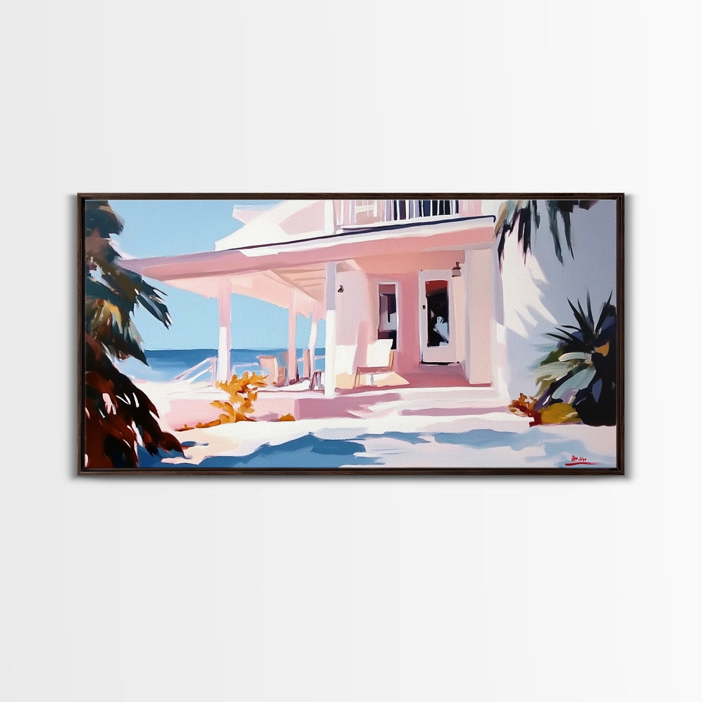 Oceanfront Porch, Coastal Home, Beach House, Seaside Retreat, Summer Vibes, Blue Wall Art, Nautical Style, Modern Decor, Framed Canvas Print