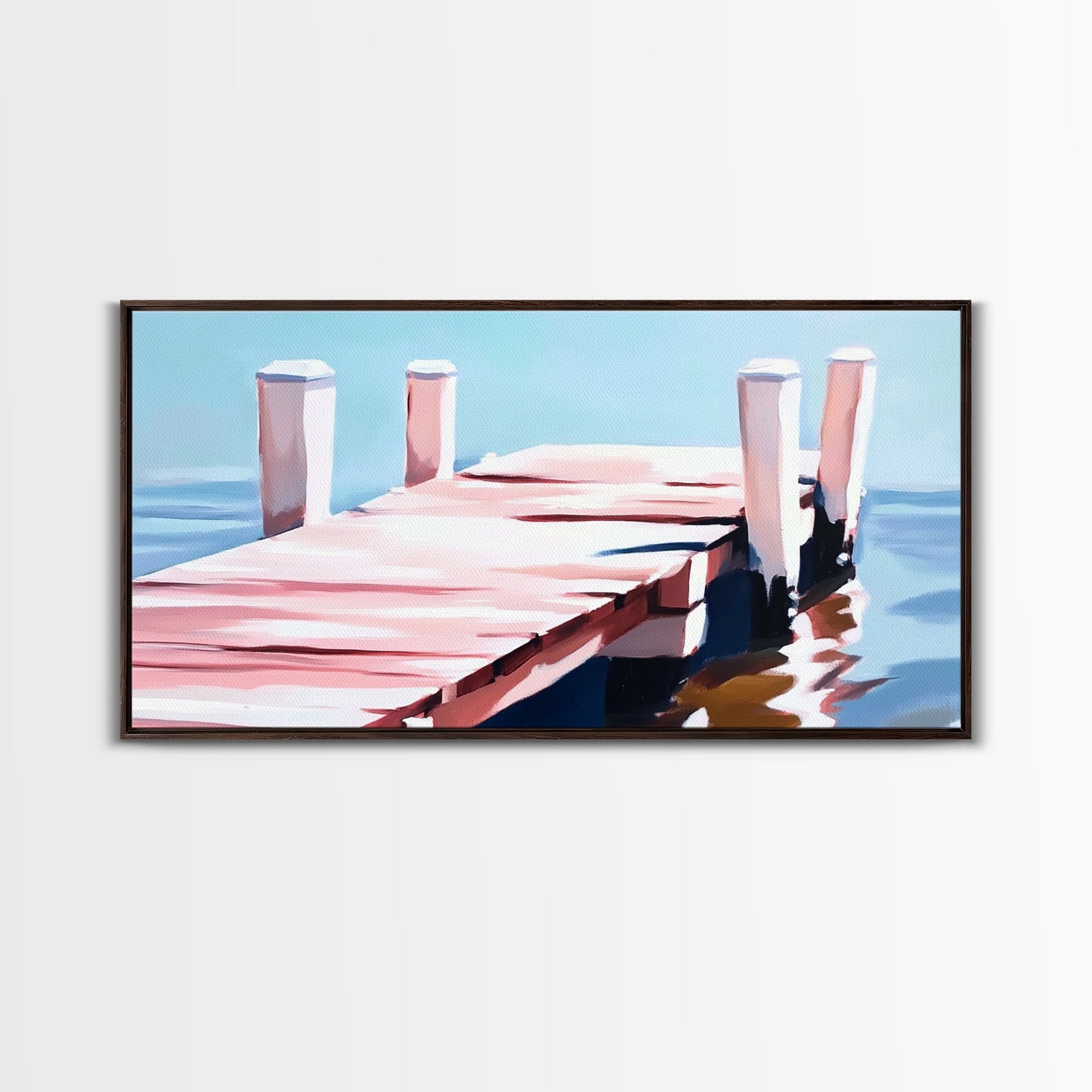 Steg am Wasser, minimalistische Meereslandschaft, Küstendeko, nautische Wandkunst, modernes Strandhaus, Sommerfeeling, blaue Wandkunst, gerahmter Leinwanddruck