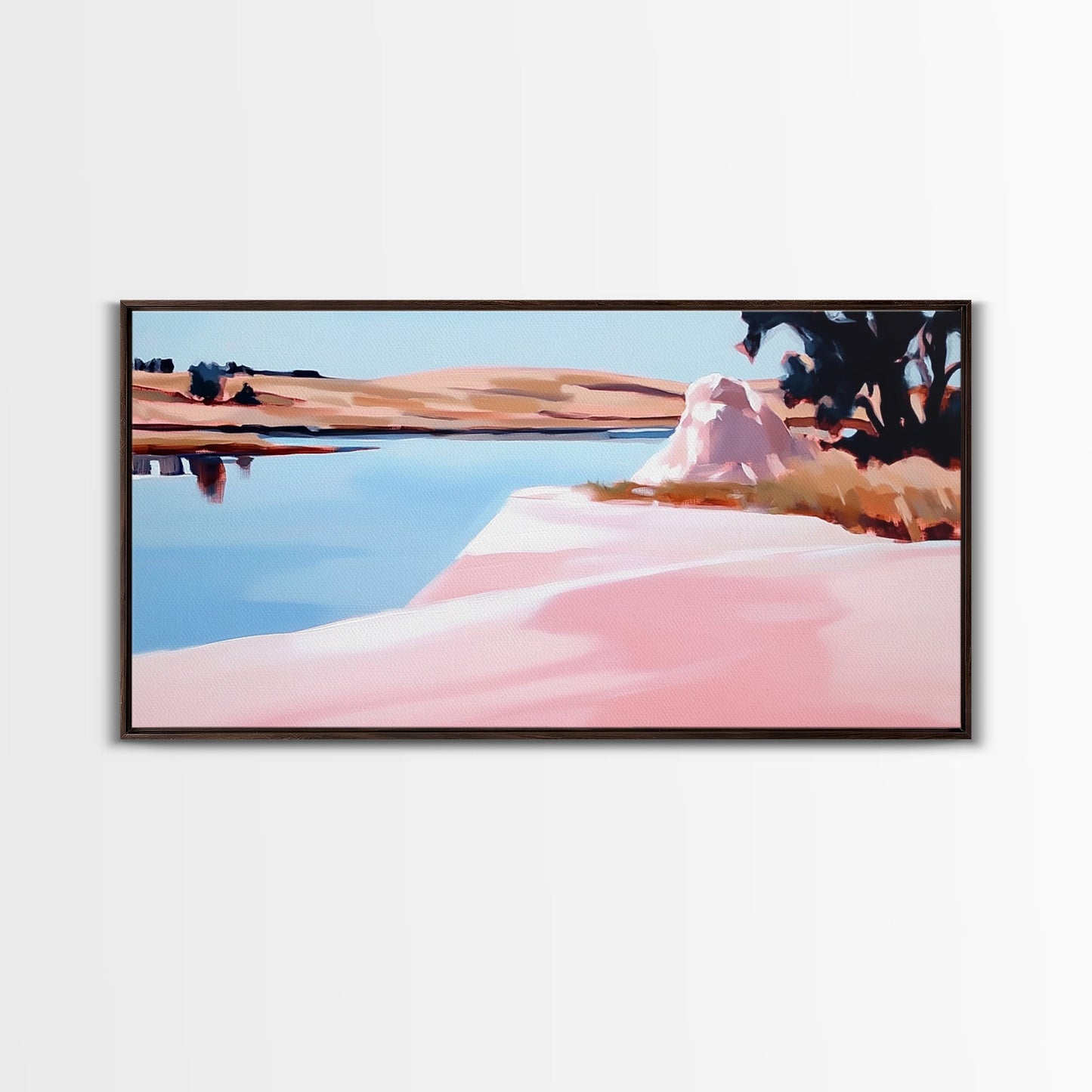 Tree on Shore, Lake Art, Natural Beauty, Rustic Decor, Tranquil Scene, Blue and Pink Palette, Serene Wall Art, Modern, Canvas Print