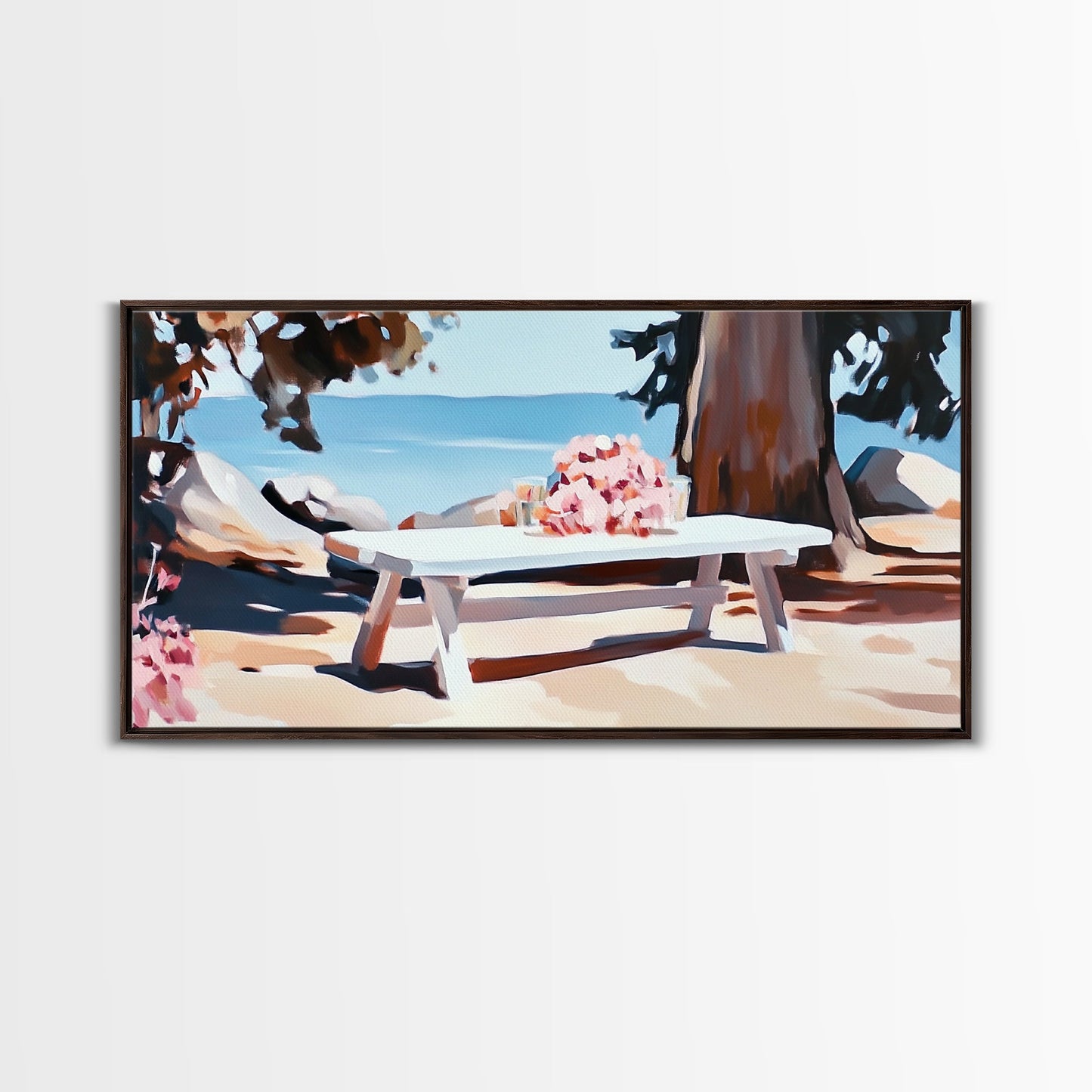 Strandpicknick, Essen am Meer, Sommerliche Wandbilder, Gerahmter Leinwanddruck, Küstendeko, Entspannende Atmosphäre, Küchenkunst, Maritime Ästhetik