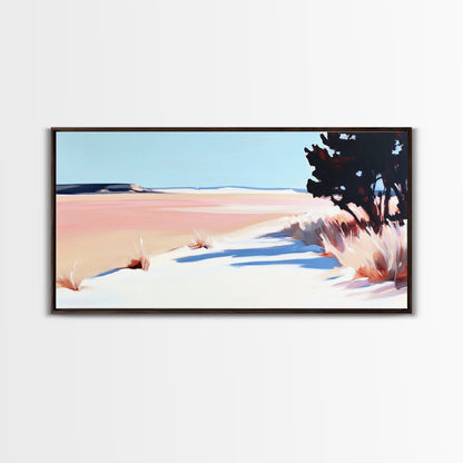 Wüstenpfad, minimalistische Landschaftskunst, warmer Pastelldruck, erdige Ästhetik, rustikale Wanddekoration, Schlafzimmerkunst, Leinwanddruck