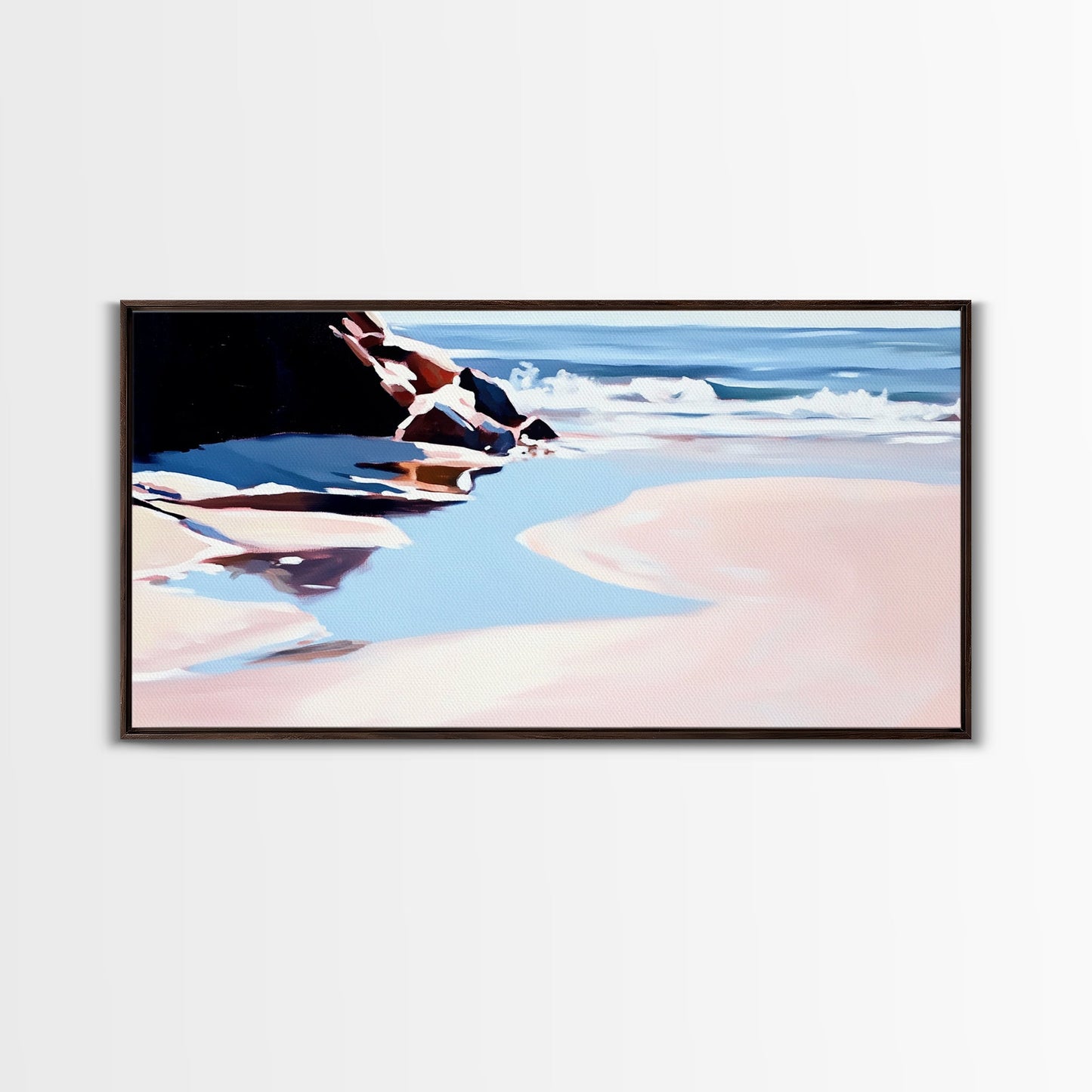 Ocean Shore, Tranquil Seascape Art, Pink Blue Horizon, Serene Beach Wall Decor, Relaxing Coastal Aesthetic, Canvas Print