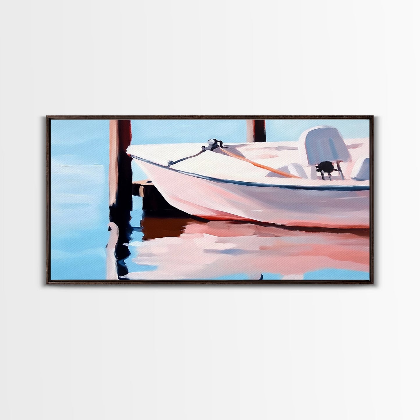 Segelboot-Ruhe, Nautische Kunst, Minimalistischer Boho-Stil, Blaue Küstendekoration, Spiegelung im ruhigen Wasser, Gelassene Ästhetik, Leinwanddruck, Eingangsbereich