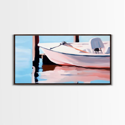 Segelboot-Ruhe, Nautische Kunst, Minimalistischer Boho-Stil, Blaue Küstendekoration, Spiegelung im ruhigen Wasser, Gelassene Ästhetik, Leinwanddruck, Eingangsbereich