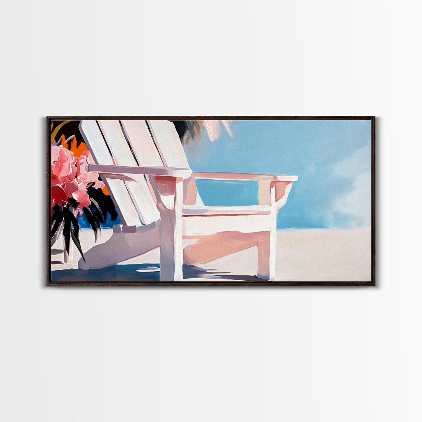 Strandstuhl, Sommerentspannung, Küstenkunst für draußen, Urlaubsästhetik, tropische Wohndekoration, minimalistische Pastellfarben, Leinwanddruck, Terrasse