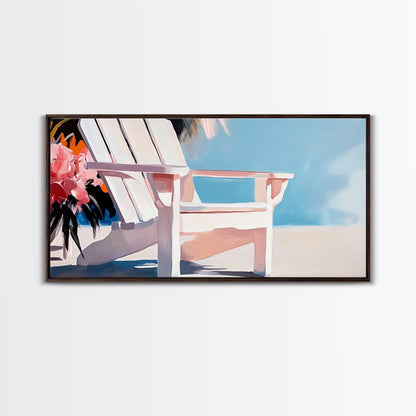 Strandstuhl, Sommerentspannung, Küstenkunst für draußen, Urlaubsästhetik, tropische Wohndekoration, minimalistische Pastellfarben, Leinwanddruck, Terrasse