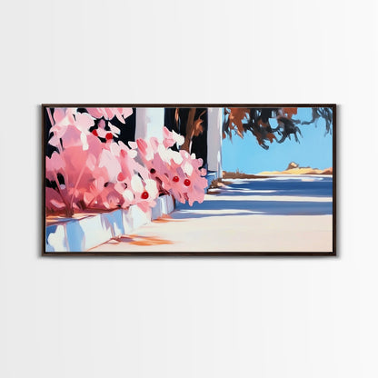 Flowers, Sunlit Walkway, Mediterranean Style Art, Floral Painting, Romantic Landscape, Framed Canvas Print, Outdoor Wall Art, Pastel Tones